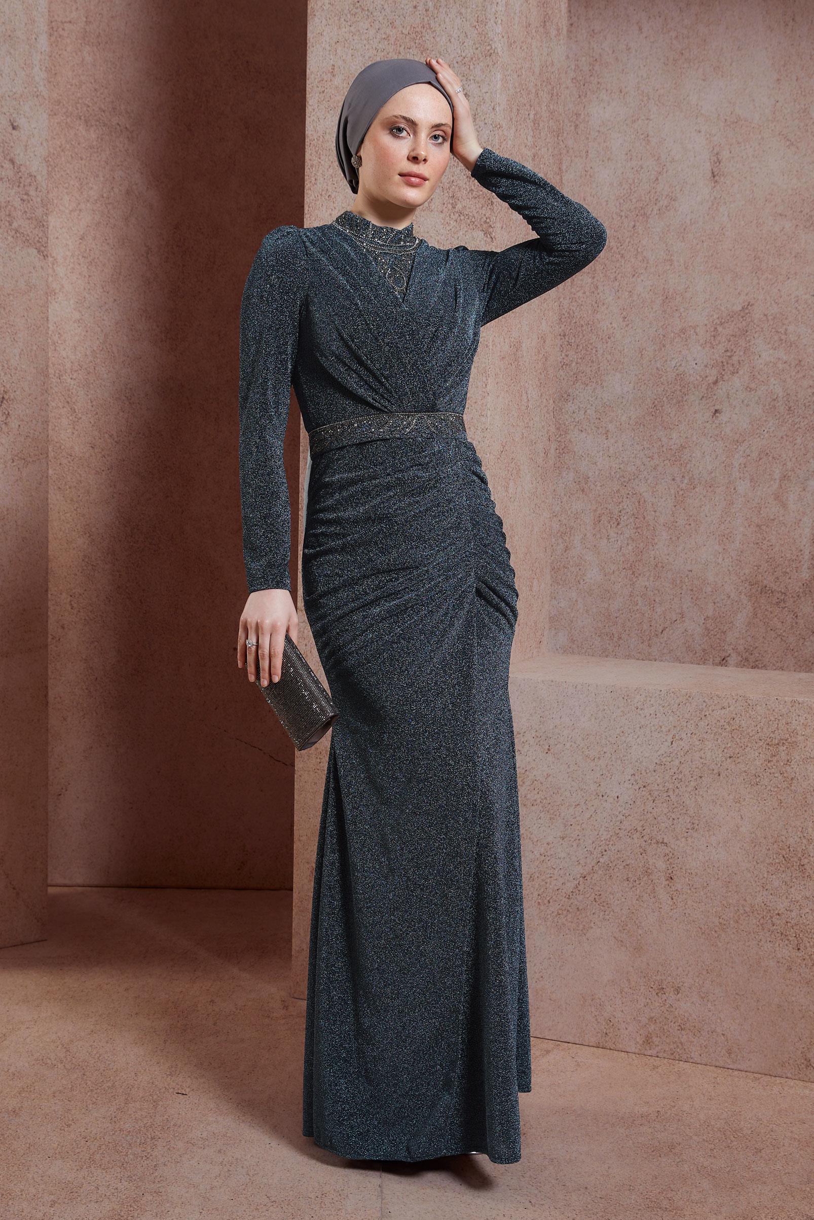 Tesettür giyim GRİ SİMLİ ABİYE ELBİSE 50412