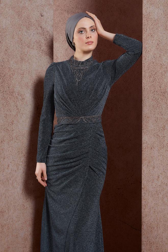 Tesettür giyim KAHVE SİMLİ ABİYE ELBİSE 50412 - ALVİNA