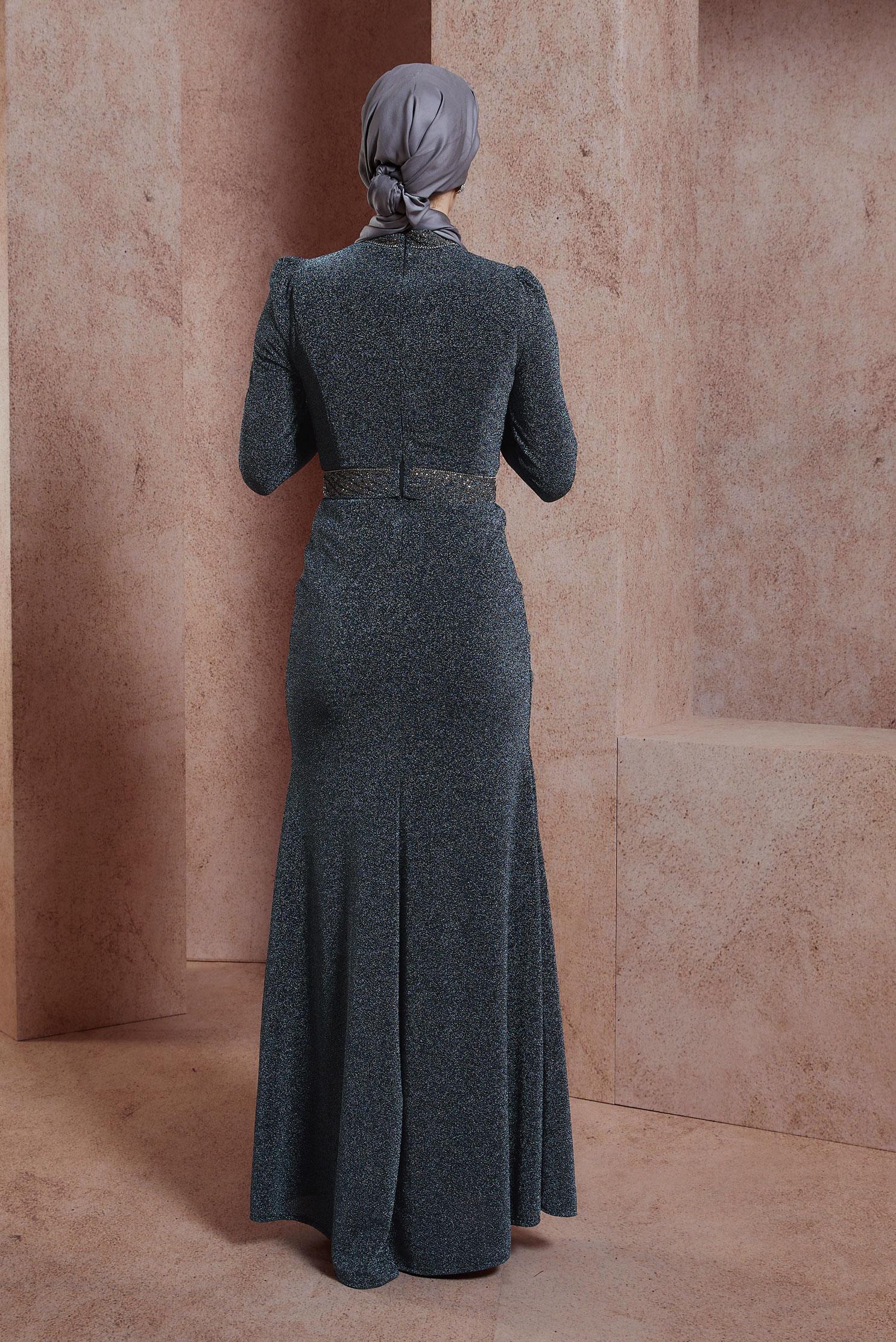 Tesettür giyim GRİ SİMLİ ABİYE ELBİSE 50412