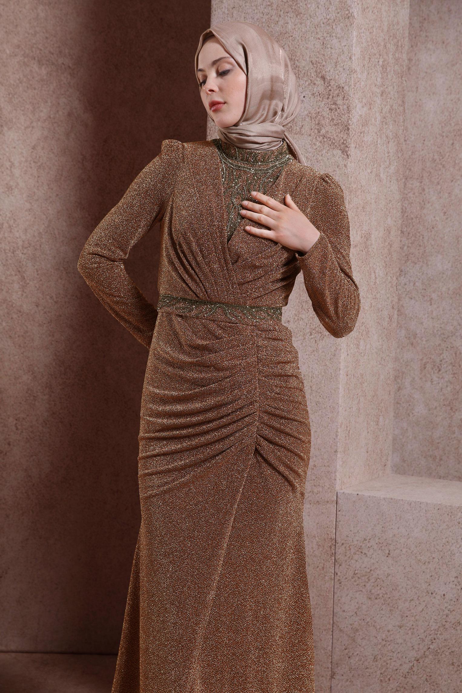 Tesettür giyim BAKIR / BRONZ SİMLİ ABİYE ELBİSE 50412