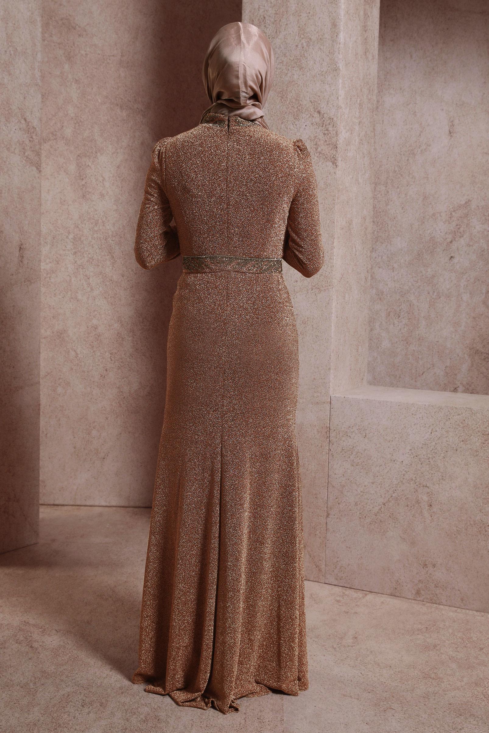 Tesettür giyim BAKIR / BRONZ SİMLİ ABİYE ELBİSE 50412