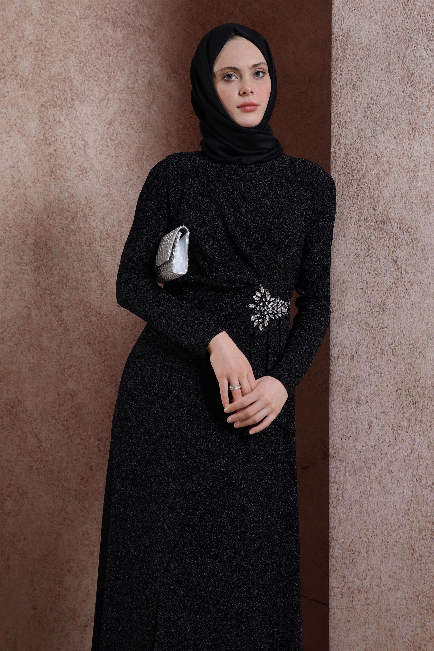 Tesettür giyim SİYAH TAŞLI SİMLİ ABİYE ELBİSE 50413