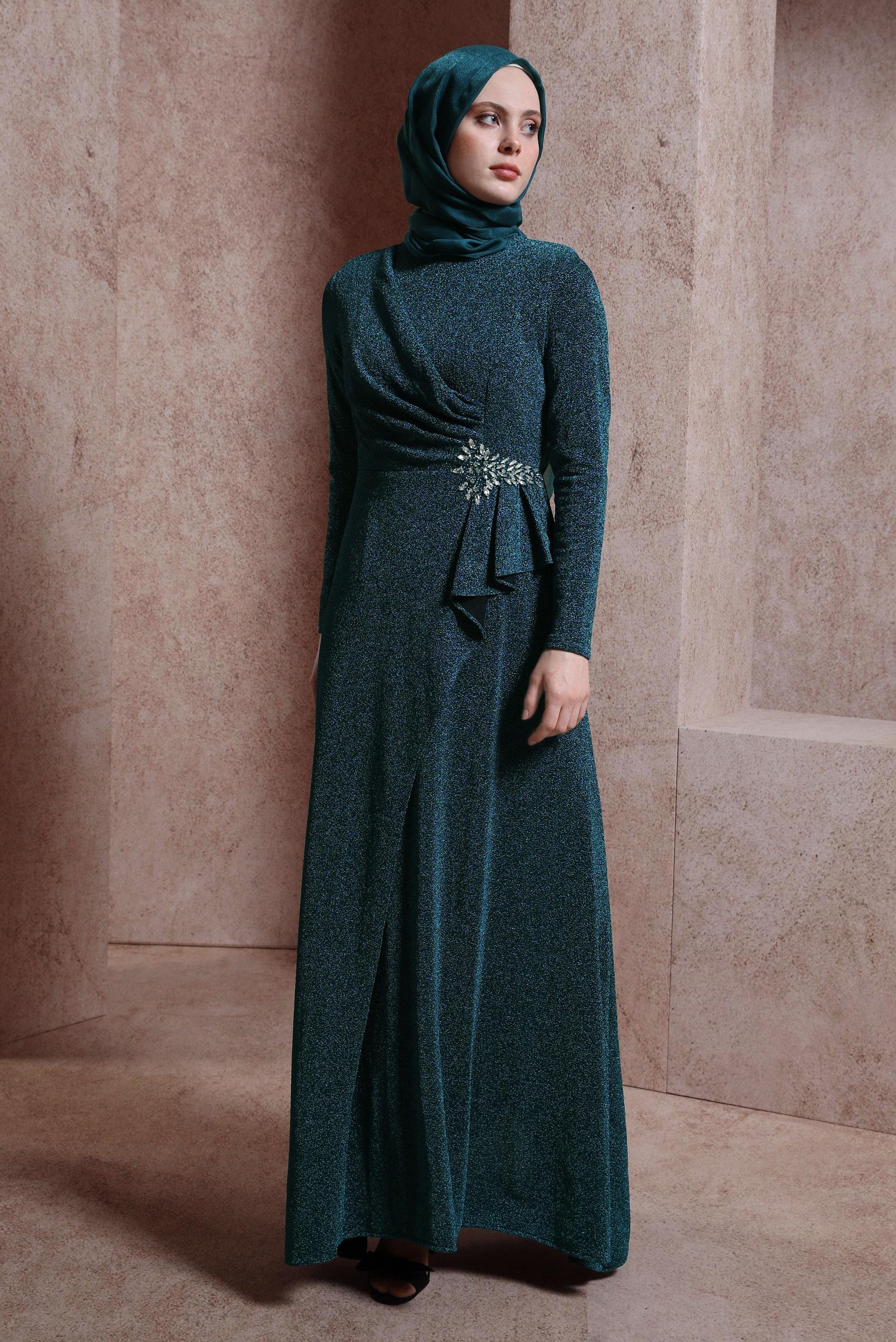 Tesettür giyim MAVİ TAŞLI SİMLİ ABİYE ELBİSE 50413