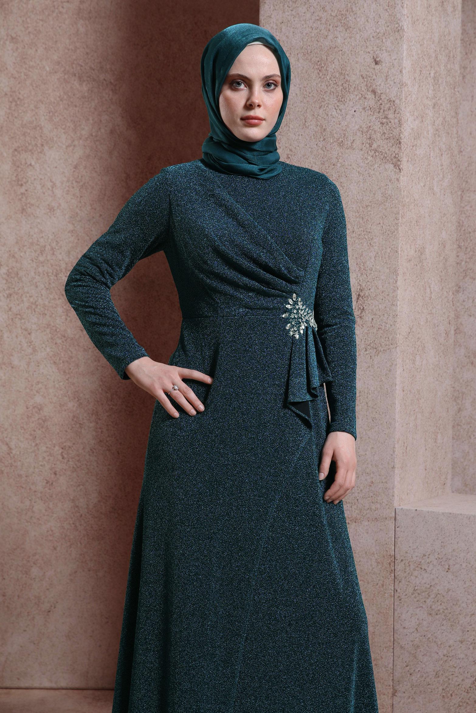 Tesettür giyim MAVİ TAŞLI SİMLİ ABİYE ELBİSE 50413