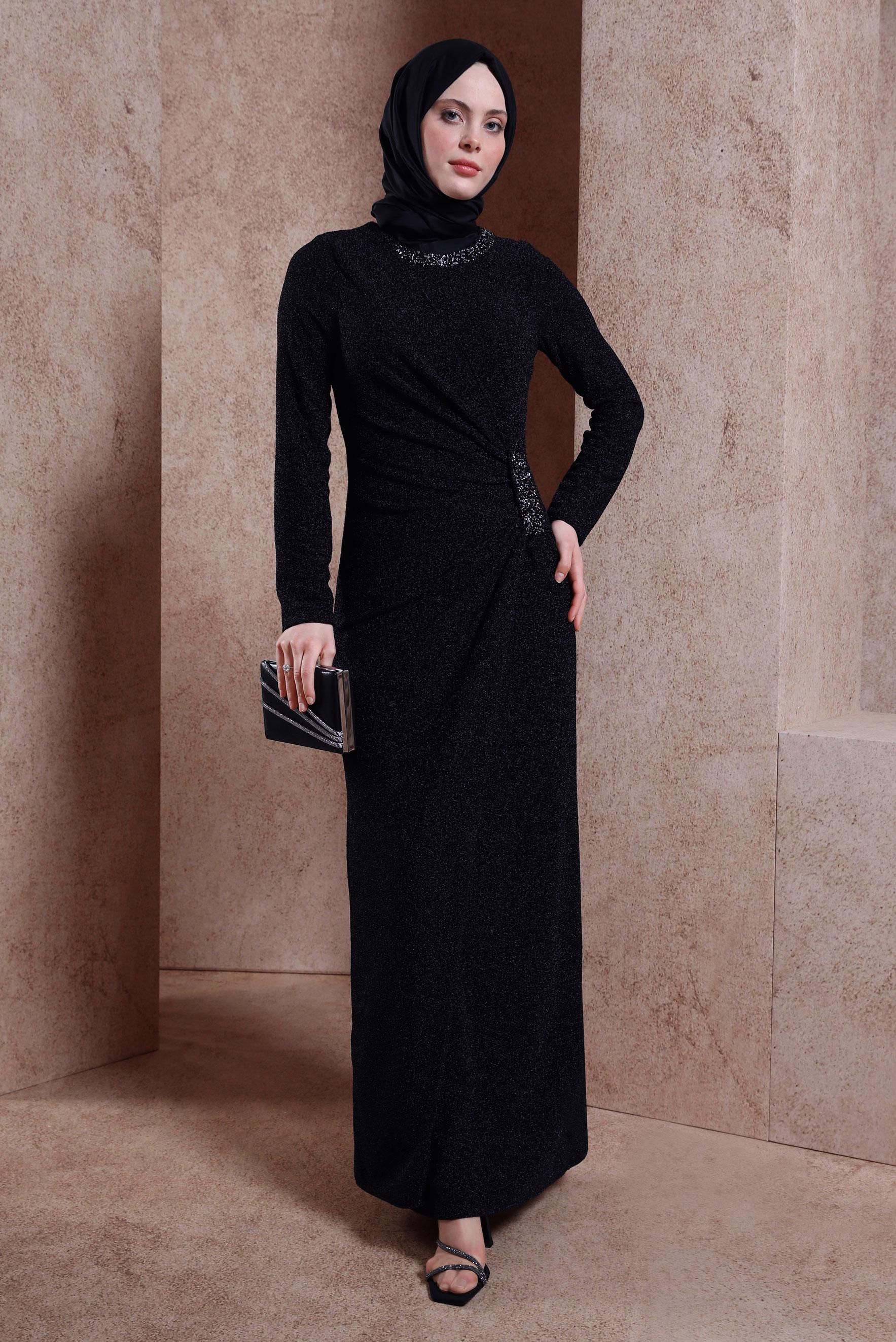 Tesettür giyim SİYAH SİMLİ ABİYE ELBİSE 50414