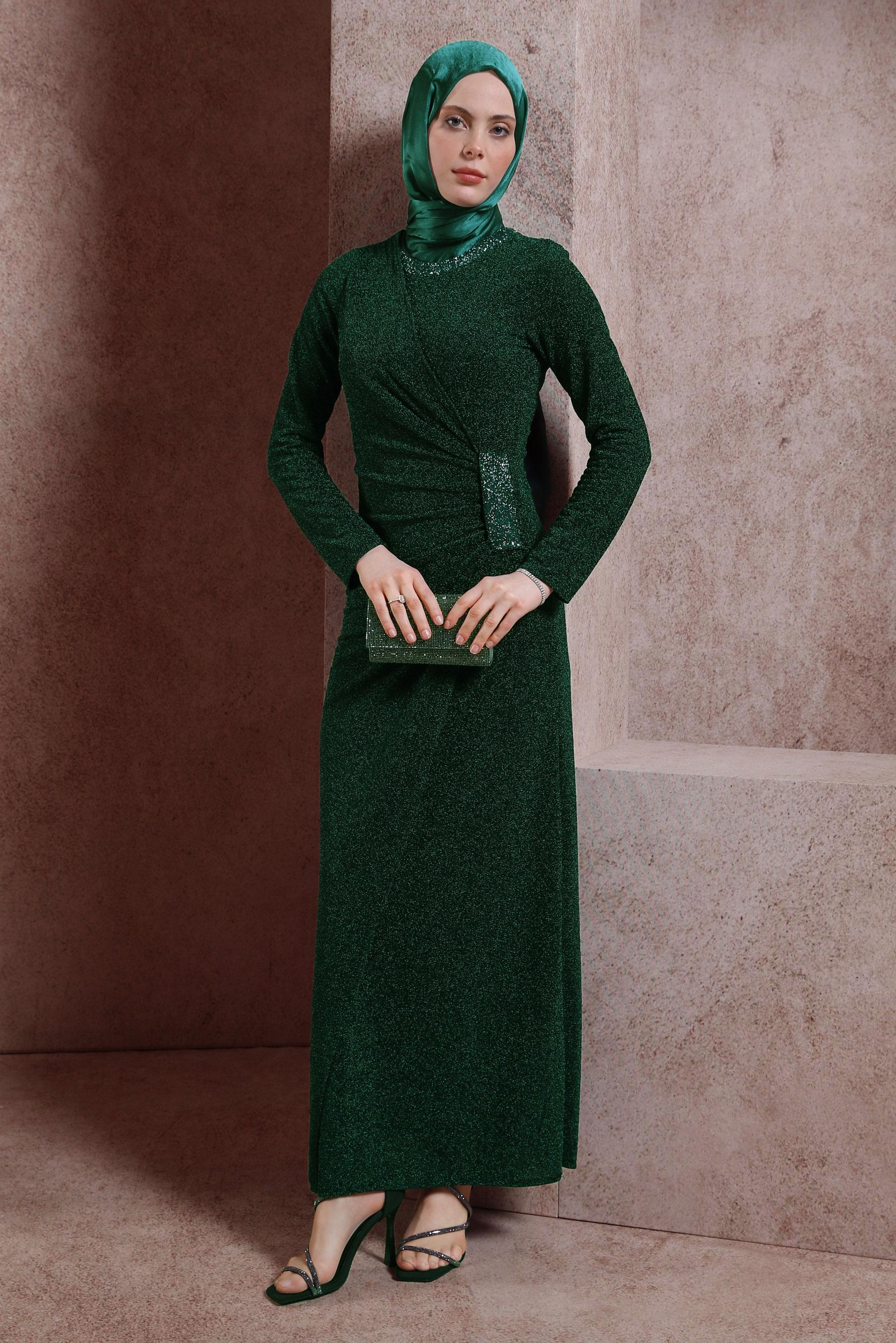Tesettür giyim YEŞİL SİMLİ ABİYE ELBİSE 50414