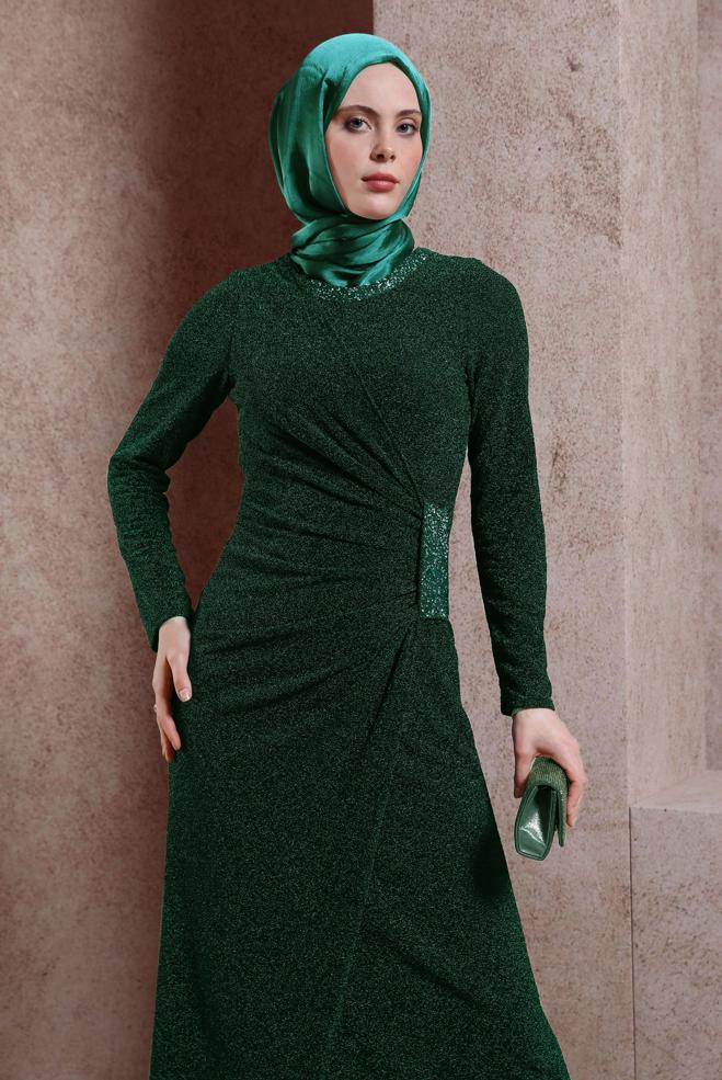 Hijab clothing GREEN GLITTERY EVENING DRESS 50414 - ALVİNA