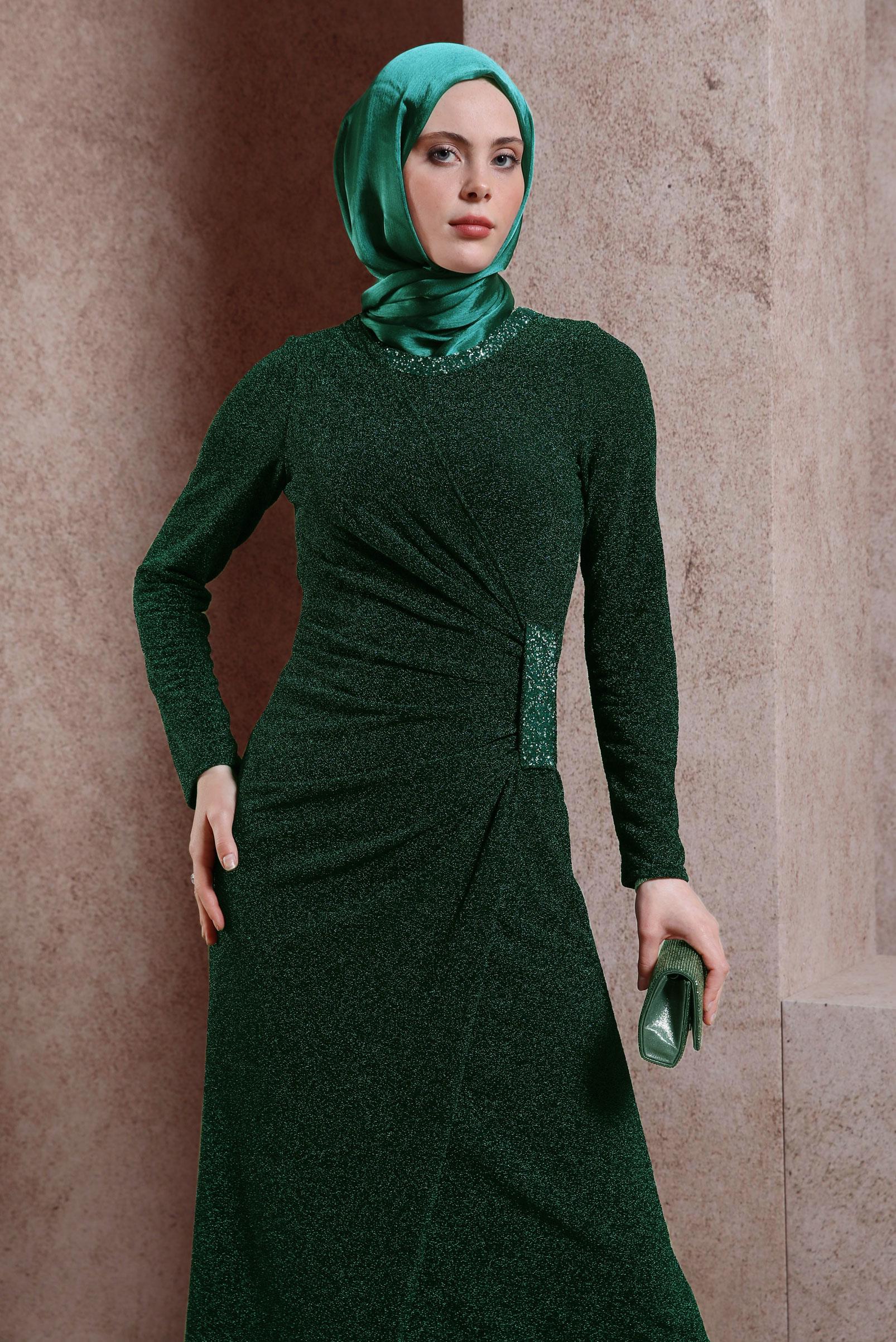 Tesettür giyim YEŞİL SİMLİ ABİYE ELBİSE 50414