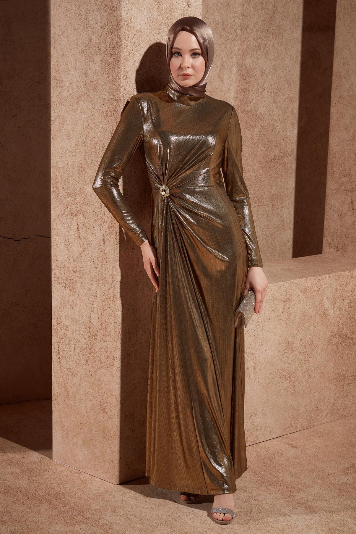 Tesettür giyim BAKIR / BRONZ AKSESUAR DETAYLI ABİYE ELBİSE 50415