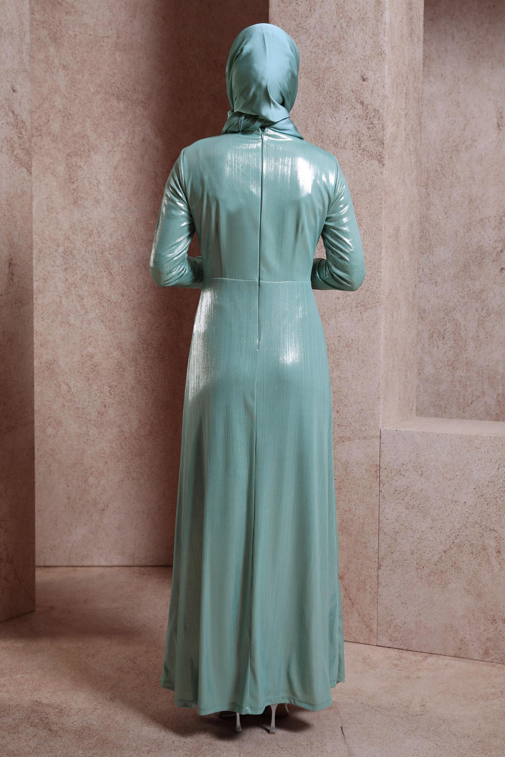 Tesettür giyim YEŞİL AKSESUAR DETAYLI ABİYE ELBİSE 50415