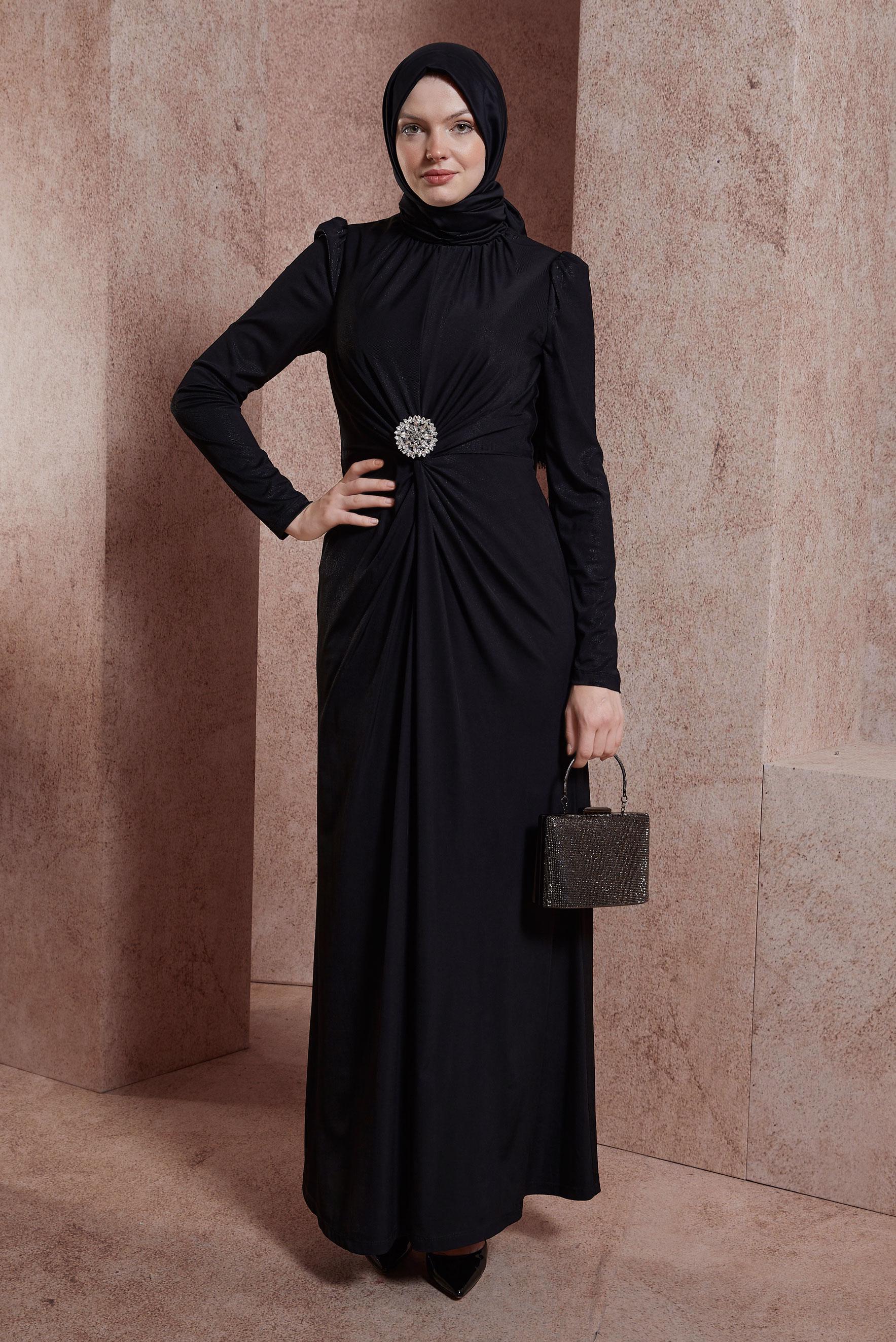 Tesettür giyim SİYAH TAŞ BROŞ DETAYLI ABİYE ELBİSE 50416