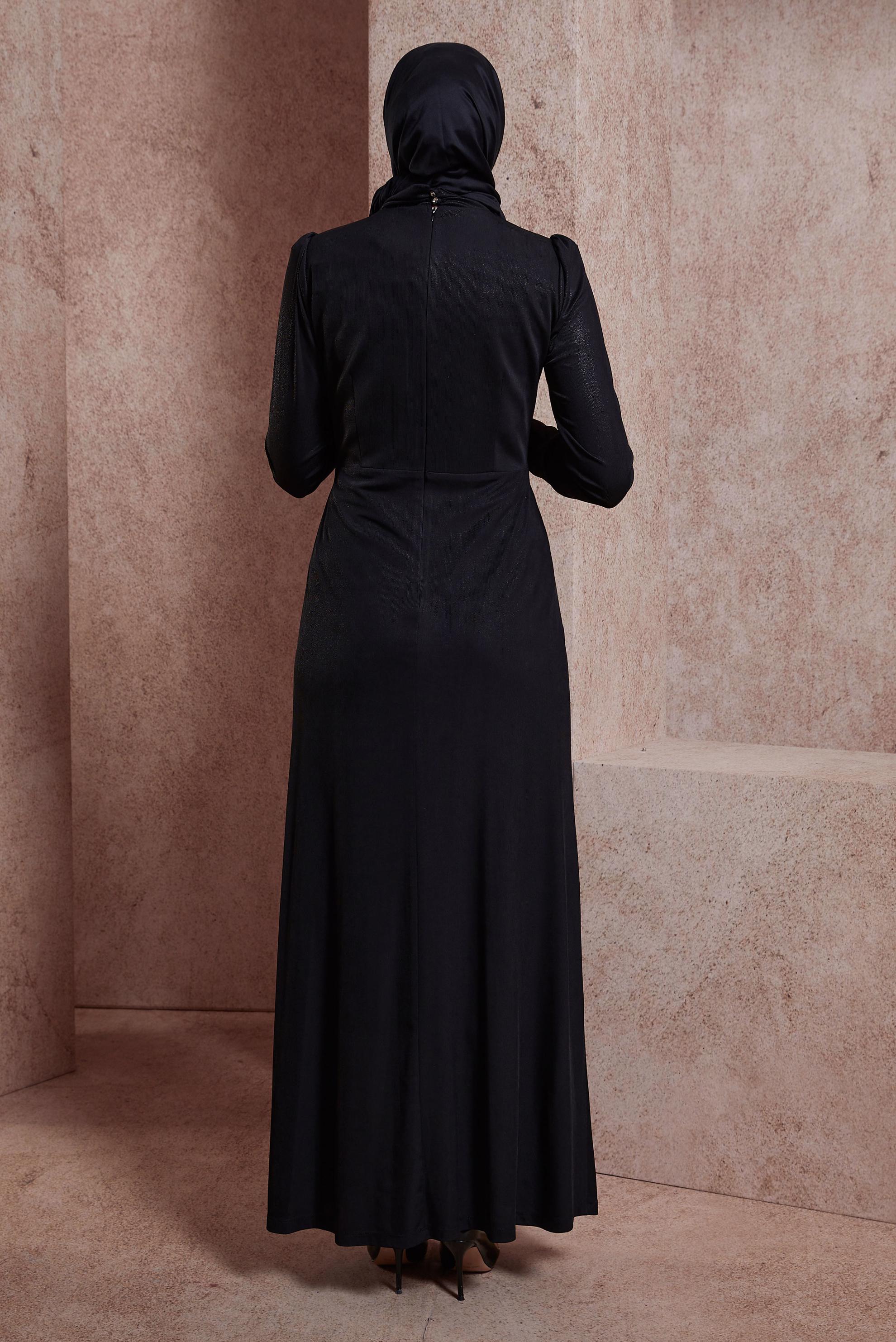 Tesettür giyim SİYAH TAŞ BROŞ DETAYLI ABİYE ELBİSE 50416