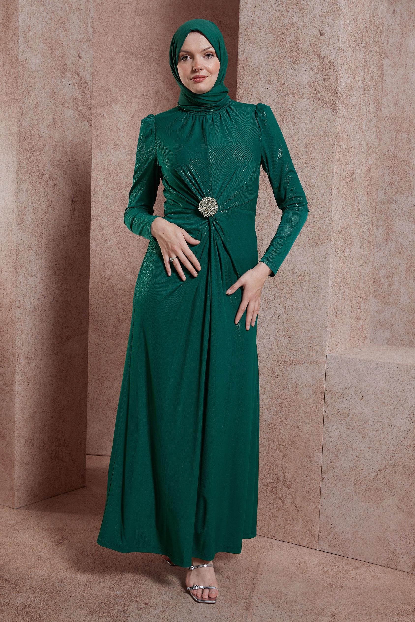 Tesettür giyim YEŞİL TAŞ BROŞ DETAYLI ABİYE ELBİSE 50416