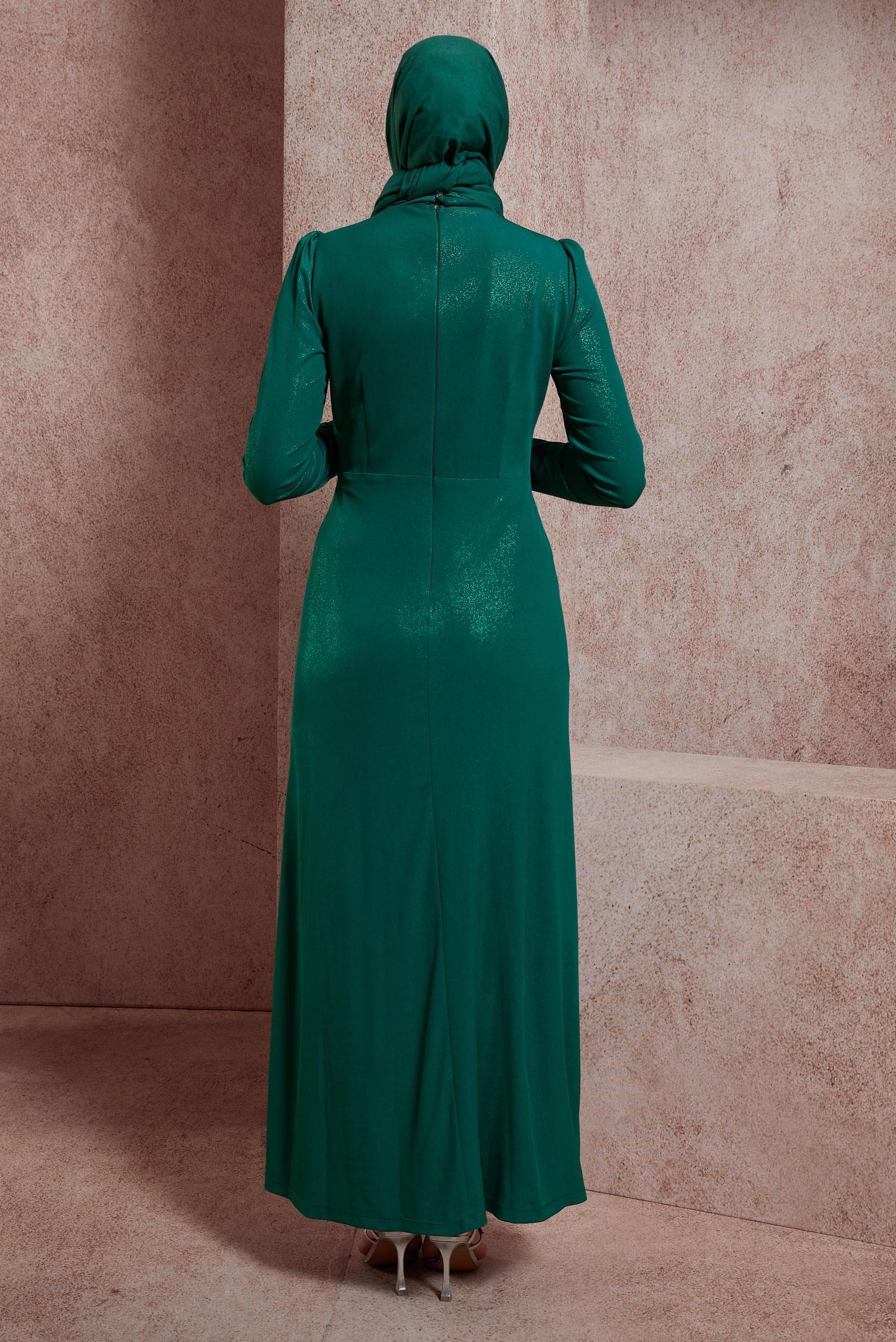 Tesettür giyim YEŞİL TAŞ BROŞ DETAYLI ABİYE ELBİSE 50416