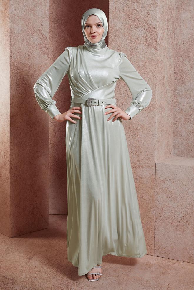 Tesettür giyim BEYAZ KEMERLİ SİMLİ ABİYE ELBİSE 50417 - ALVİNA