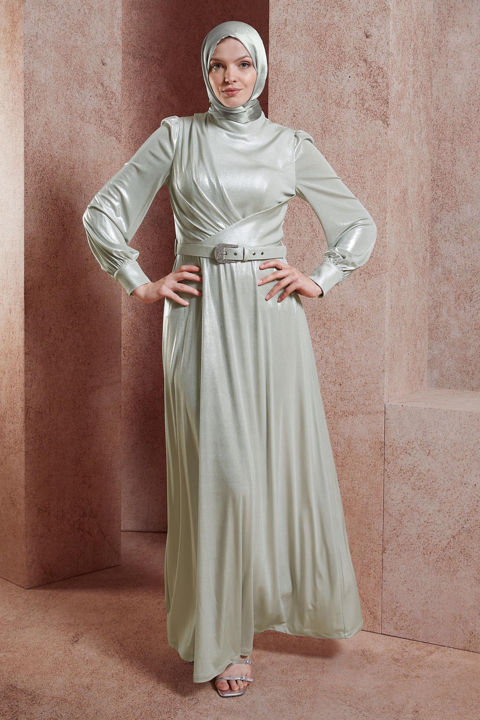 Tesettür giyim BEYAZ KEMERLİ SİMLİ ABİYE ELBİSE 50417