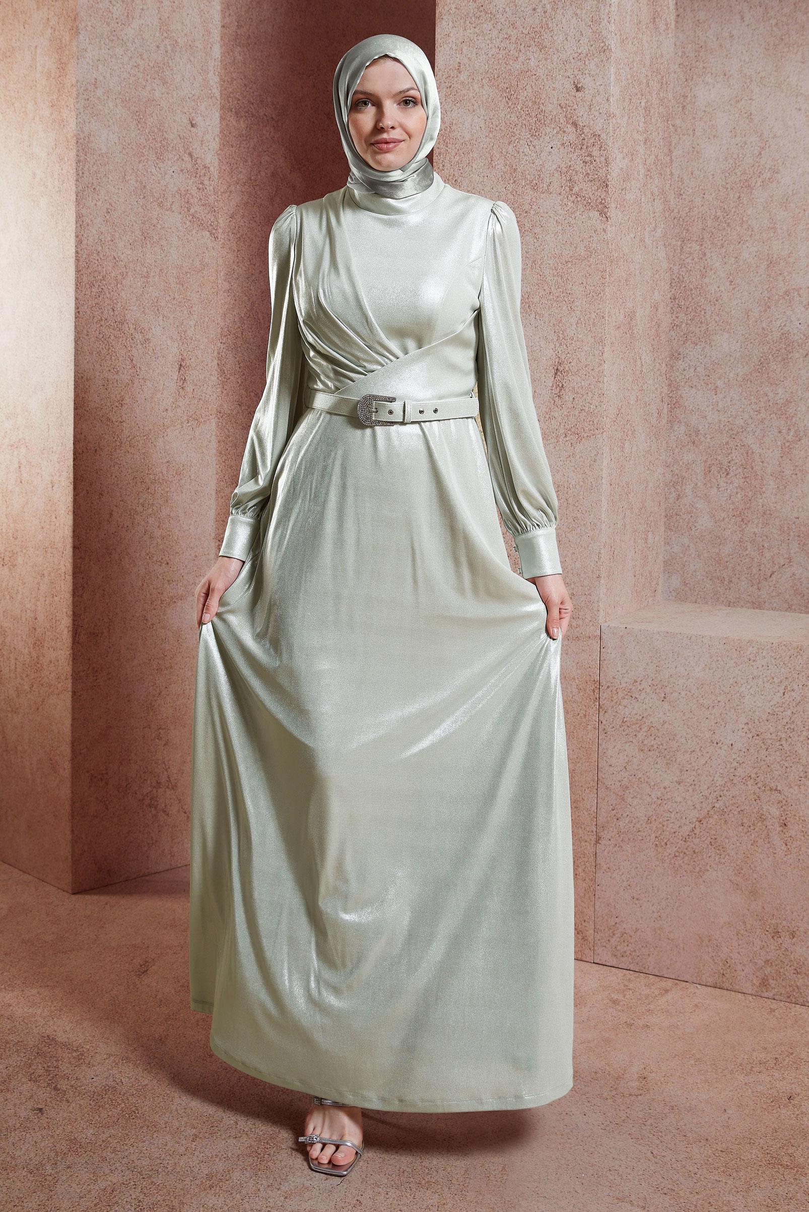 Tesettür giyim BEYAZ KEMERLİ SİMLİ ABİYE ELBİSE 50417