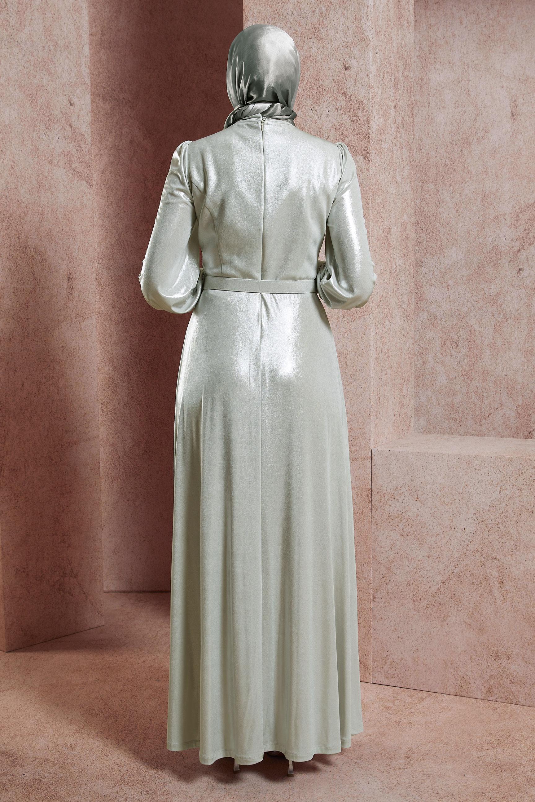 Tesettür giyim BEYAZ KEMERLİ SİMLİ ABİYE ELBİSE 50417