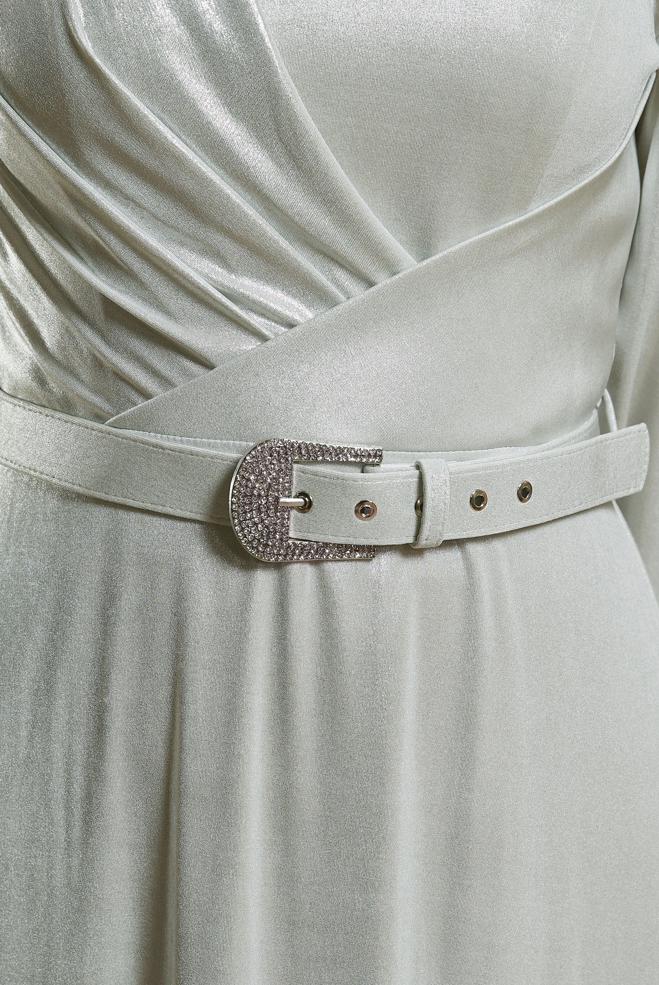 Tesettür giyim BEYAZ KEMERLİ SİMLİ ABİYE ELBİSE 50417 - ALVİNA