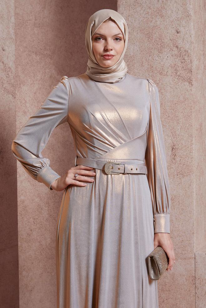 Tesettür giyim ALTIN KEMERLİ SİMLİ ABİYE ELBİSE 50417 - ALVİNA