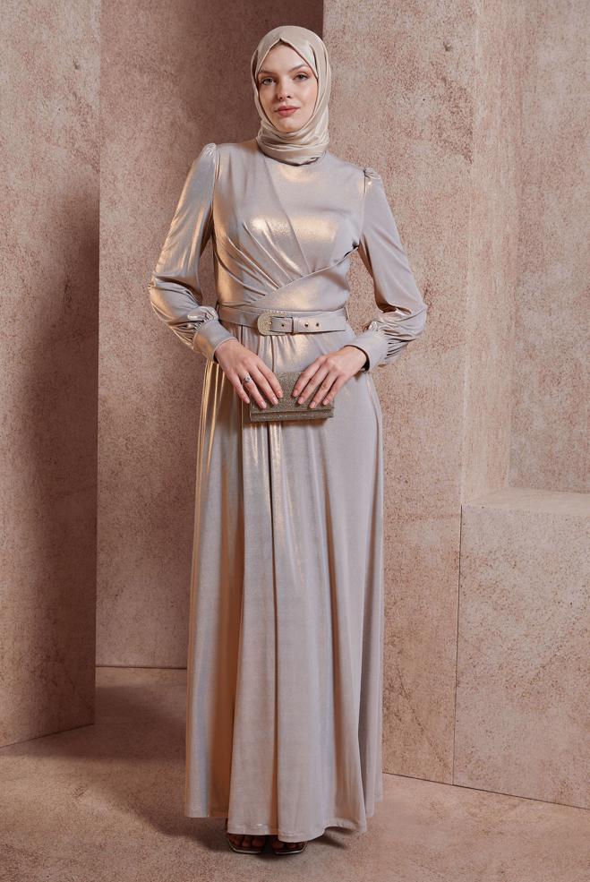 Tesettür giyim ALTIN KEMERLİ SİMLİ ABİYE ELBİSE 50417 - ALVİNA