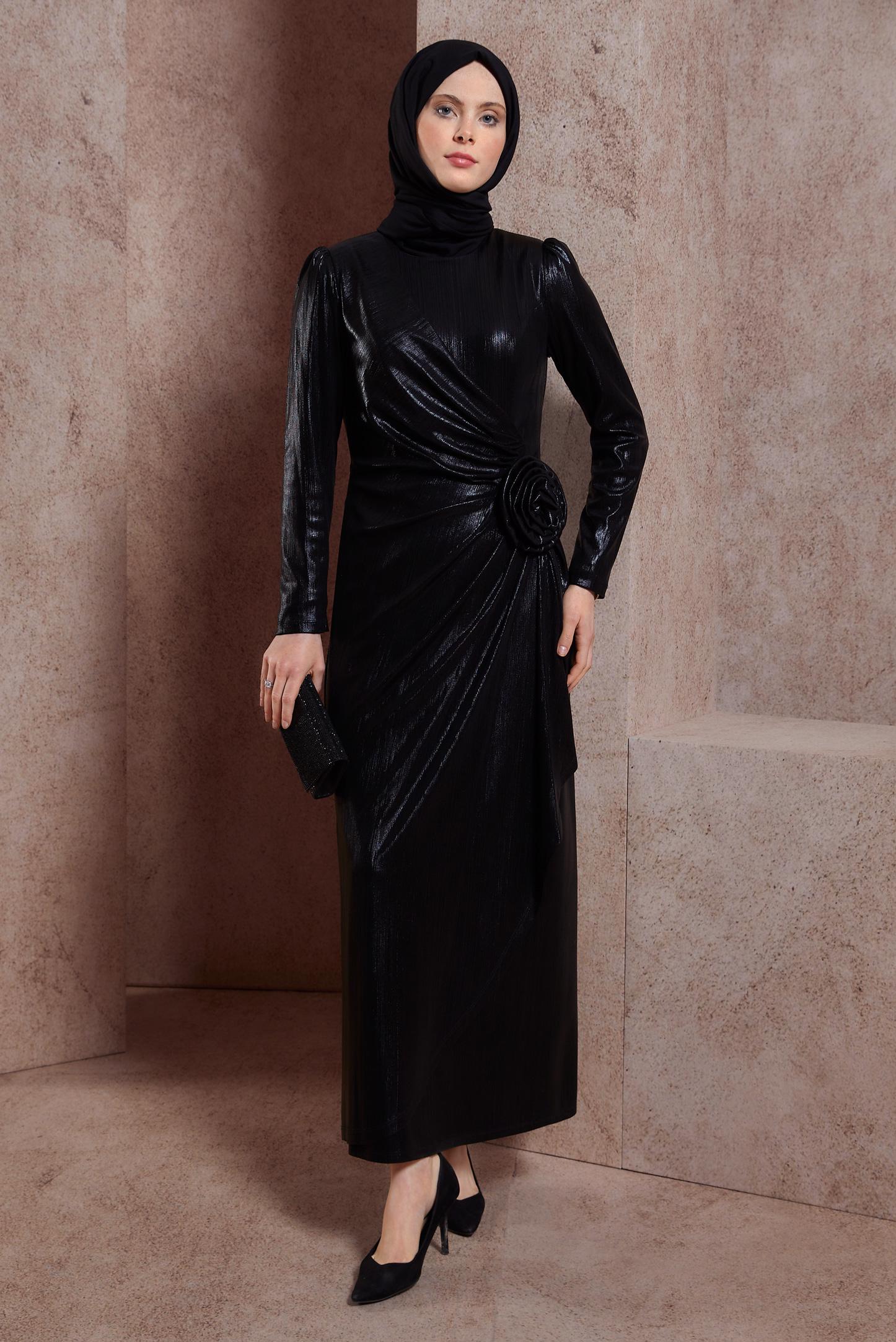 Tesettür giyim SİYAH BÜZGÜ DETAYLI ABİYE ELBİSE 50418