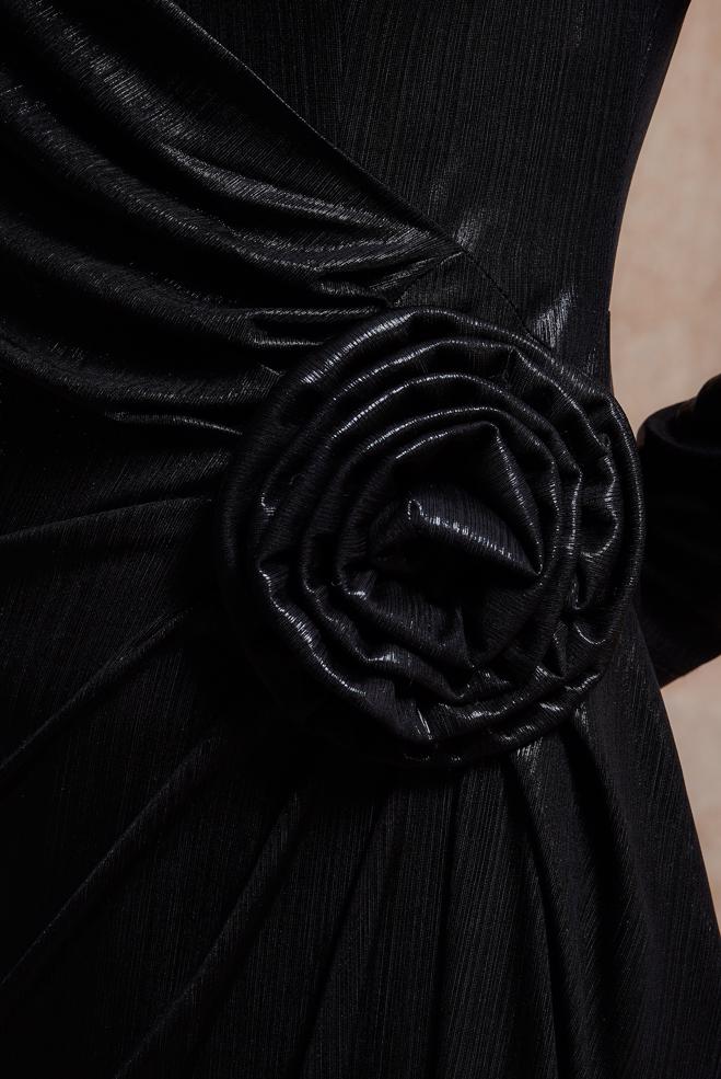 Tesettür giyim SİYAH BÜZGÜ DETAYLI ABİYE ELBİSE 50418 - ALVİNA