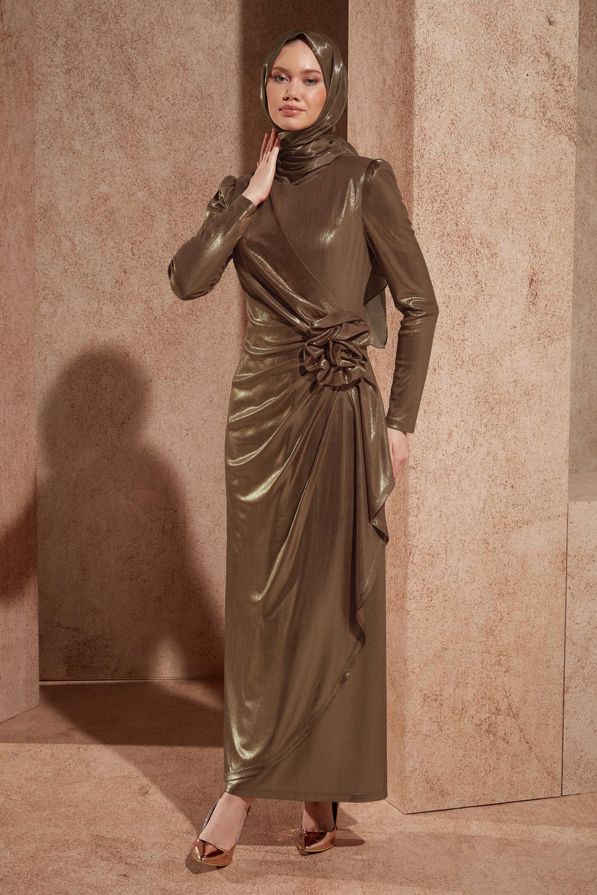 Tesettür giyim BAKIR / BRONZ BÜZGÜ DETAYLI ABİYE ELBİSE 50418