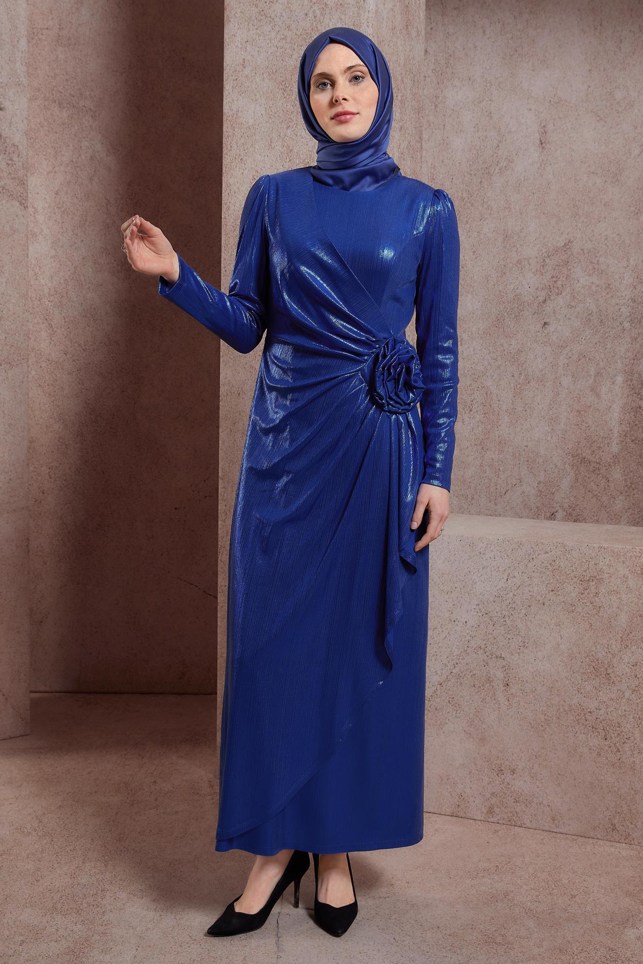 Tesettür giyim LACİVERT BÜZGÜ DETAYLI ABİYE ELBİSE 50418