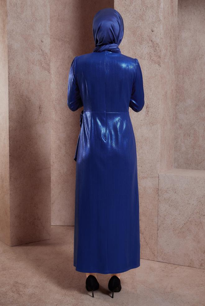 Tesettür giyim LACİVERT BÜZGÜ DETAYLI ABİYE ELBİSE 50418 - ALVİNA