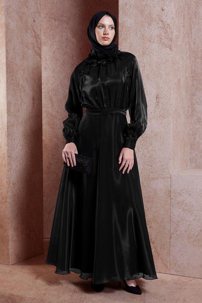 Tesettür giyim SİYAH ORGANZE TESETTÜR ABİYE ELBİSE 50419 - ALVİNA