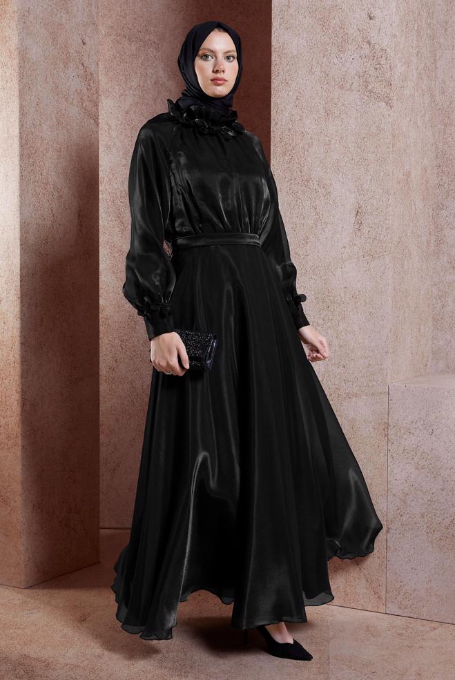 Tesettür giyim SİYAH ORGANZE TESETTÜR ABİYE ELBİSE 50419 - ALVİNA