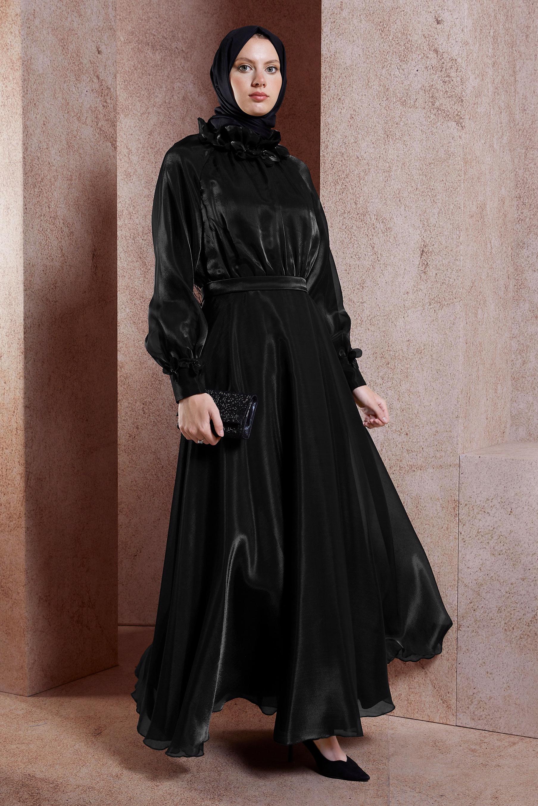 Tesettür giyim SİYAH ORGANZE TESETTÜR ABİYE ELBİSE 50419