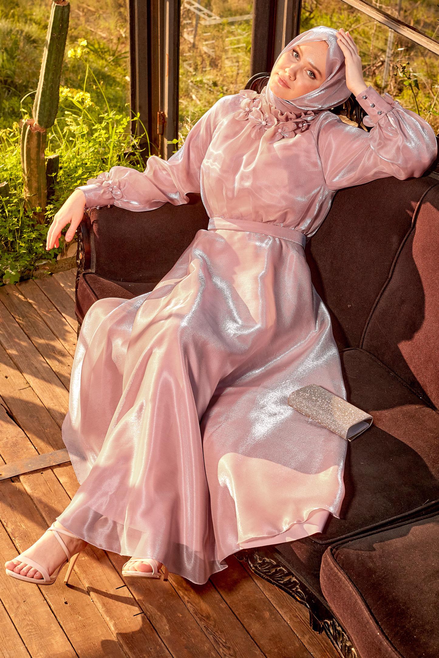 Tesettür giyim PUDRA ORGANZE TESETTÜR ABİYE ELBİSE 50419