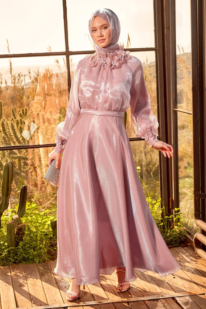 Tesettür giyim PUDRA ORGANZE TESETTÜR ABİYE ELBİSE 50419 - ALVİNA