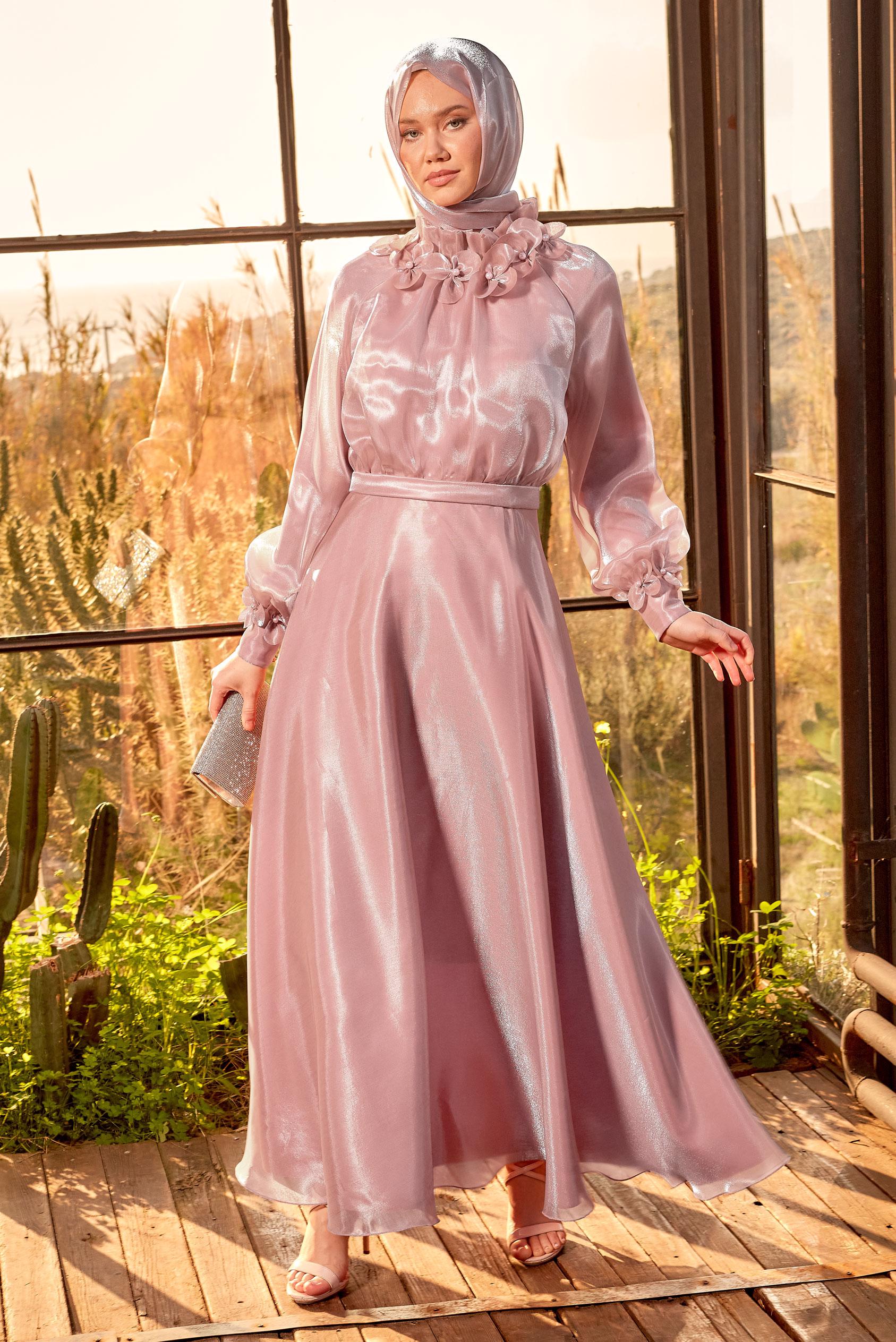 Tesettür giyim PUDRA ORGANZE TESETTÜR ABİYE ELBİSE 50419