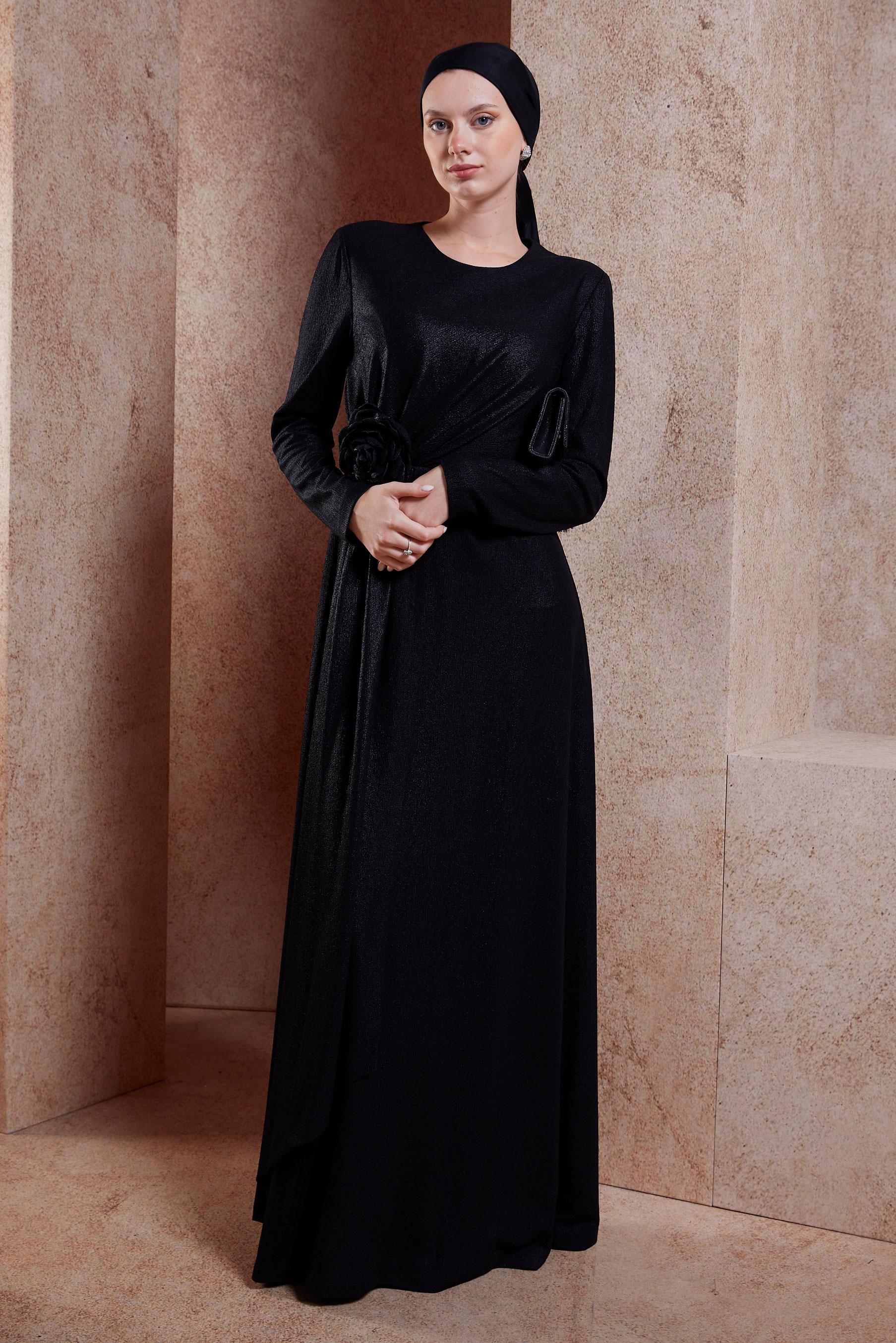 Tesettür giyim SİYAH ÇİÇEK DETAYLI ABİYE 50421