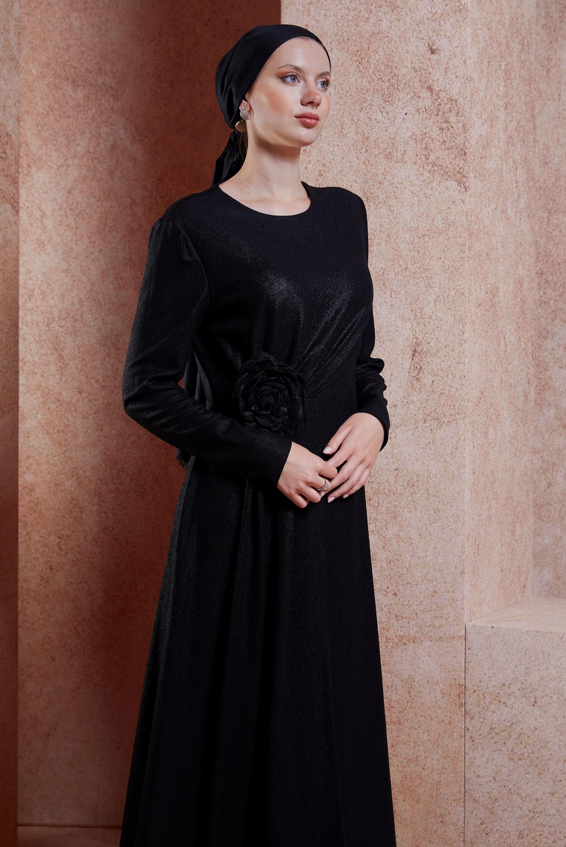 Tesettür giyim SİYAH ÇİÇEK DETAYLI ABİYE 50421