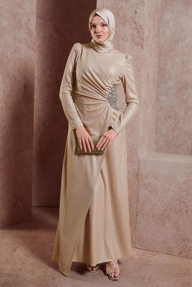 Tesettür giyim BEJ TAŞ İŞLEMELİ ABİYE ELBİSE 50422 - ALVİNA