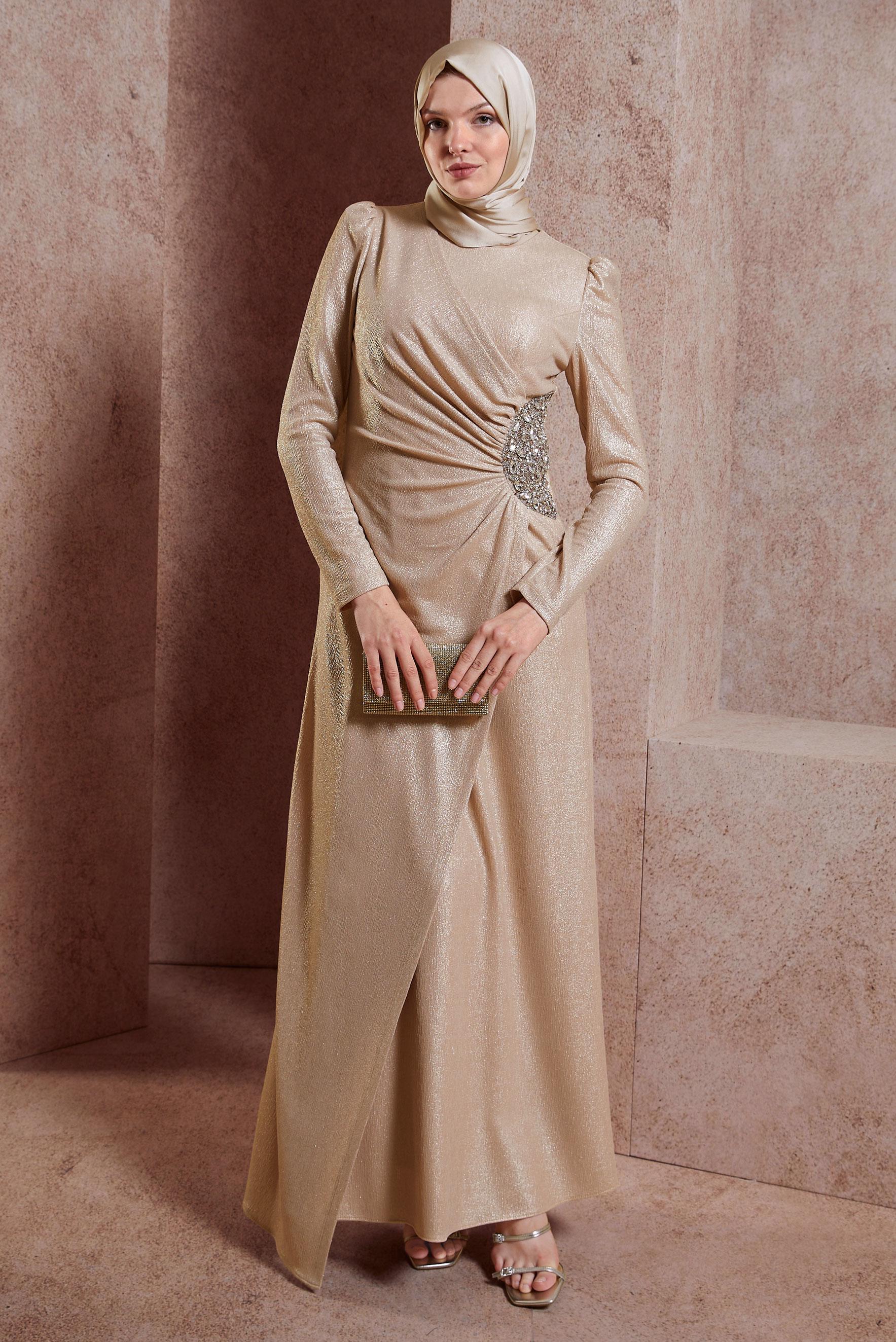 Tesettür giyim BEJ TAŞ İŞLEMELİ ABİYE ELBİSE 50422