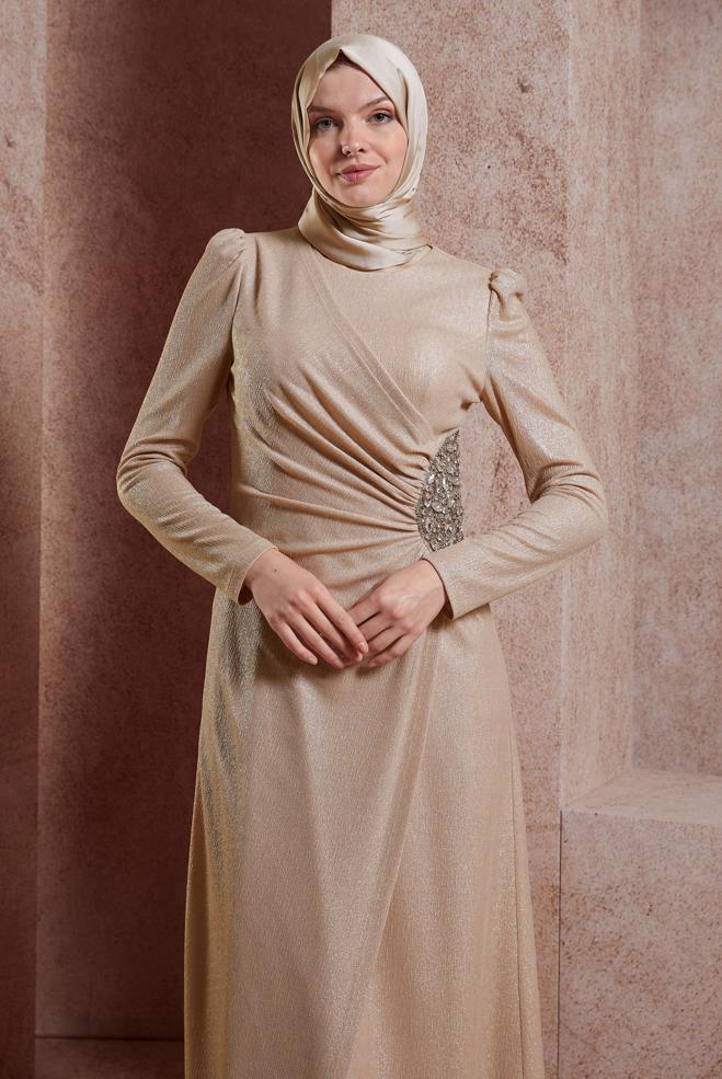 Tesettür giyim BEJ TAŞ İŞLEMELİ ABİYE ELBİSE 50422 - ALVİNA