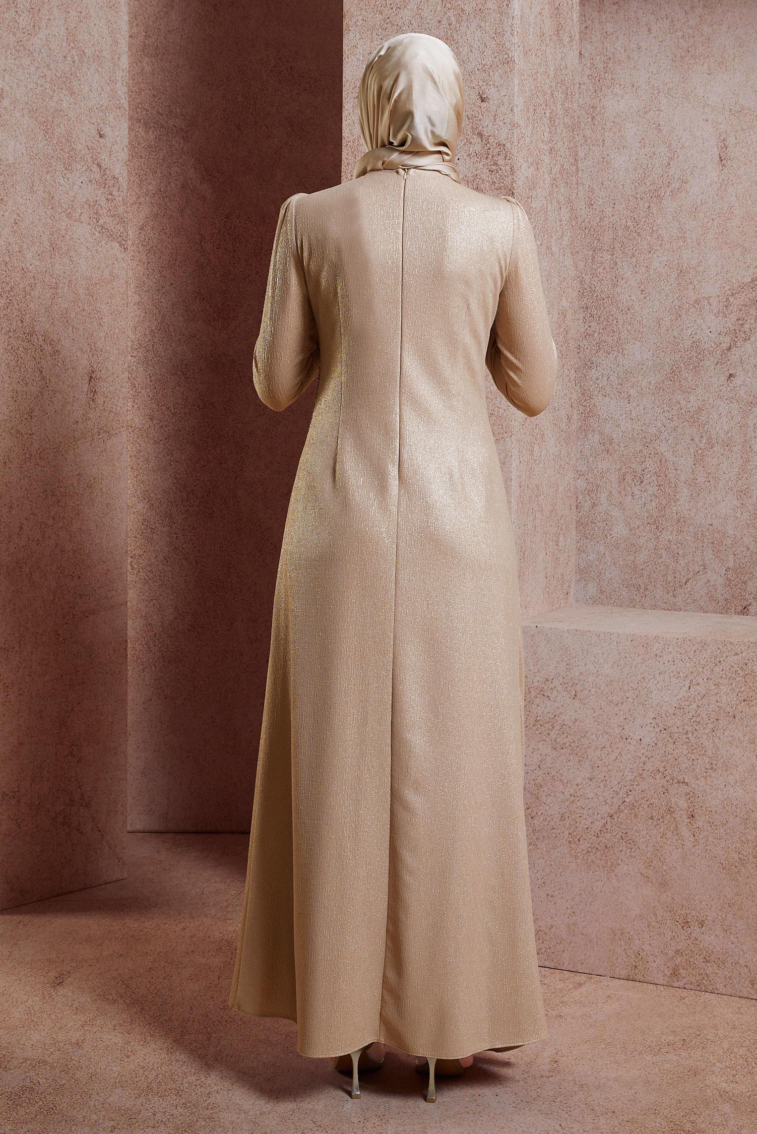 Tesettür giyim BEJ TAŞ İŞLEMELİ ABİYE ELBİSE 50422