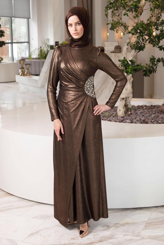 Tesettür giyim SİYAH TAŞ İŞLEMELİ ABİYE ELBİSE 50422 - ALVİNA