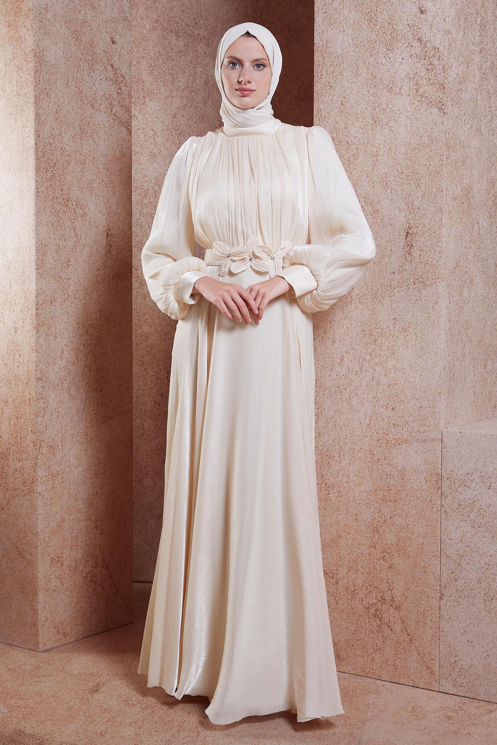 Tesettür giyim BEJ KEMERLİ TESETTÜR ABİYE ELBİSE 50423