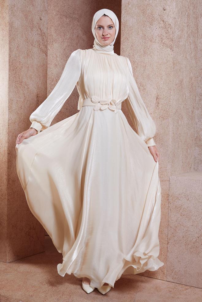 Tesettür giyim BEJ KEMERLİ TESETTÜR ABİYE ELBİSE 50423 - ALVİNA