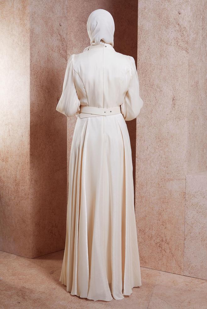 Tesettür giyim BEJ KEMERLİ TESETTÜR ABİYE ELBİSE 50423 - ALVİNA