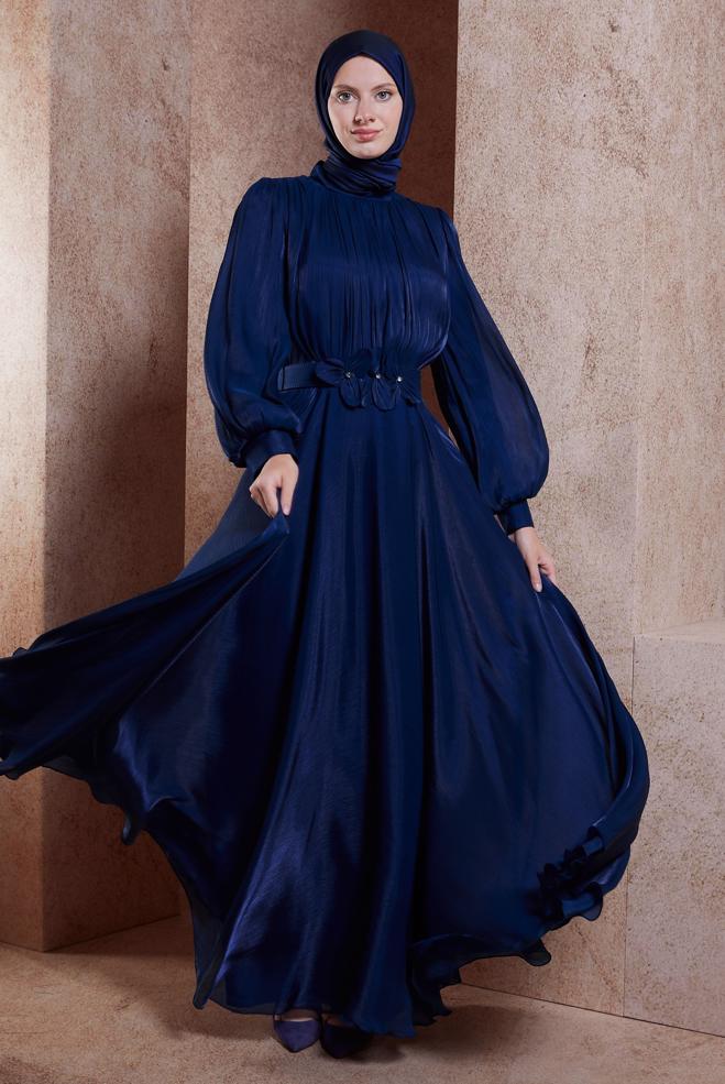 Tesettür giyim LACİVERT KEMERLİ TESETTÜR ABİYE ELBİSE 50423 - ALVİNA
