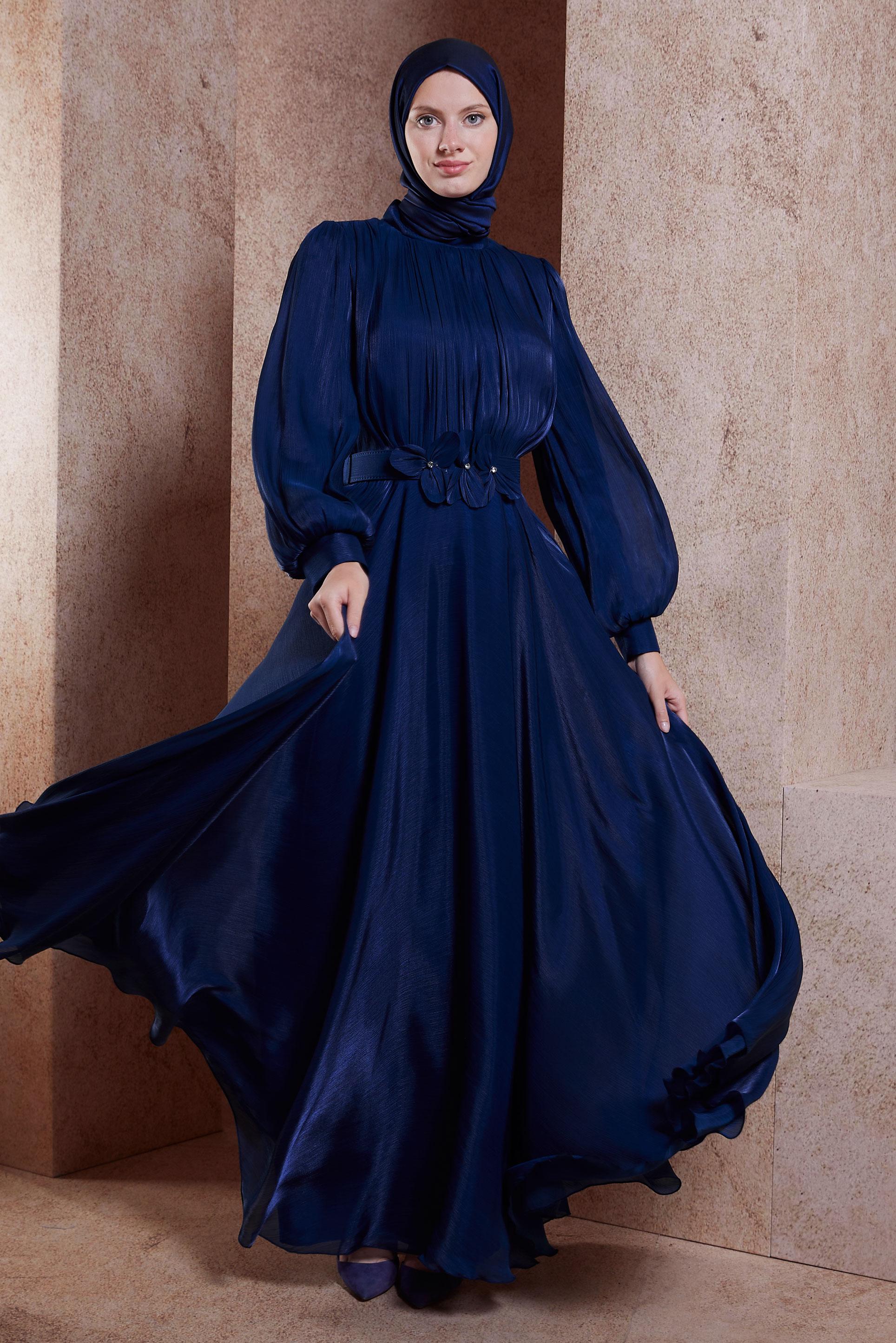 Tesettür giyim LACİVERT KEMERLİ TESETTÜR ABİYE ELBİSE 50423
