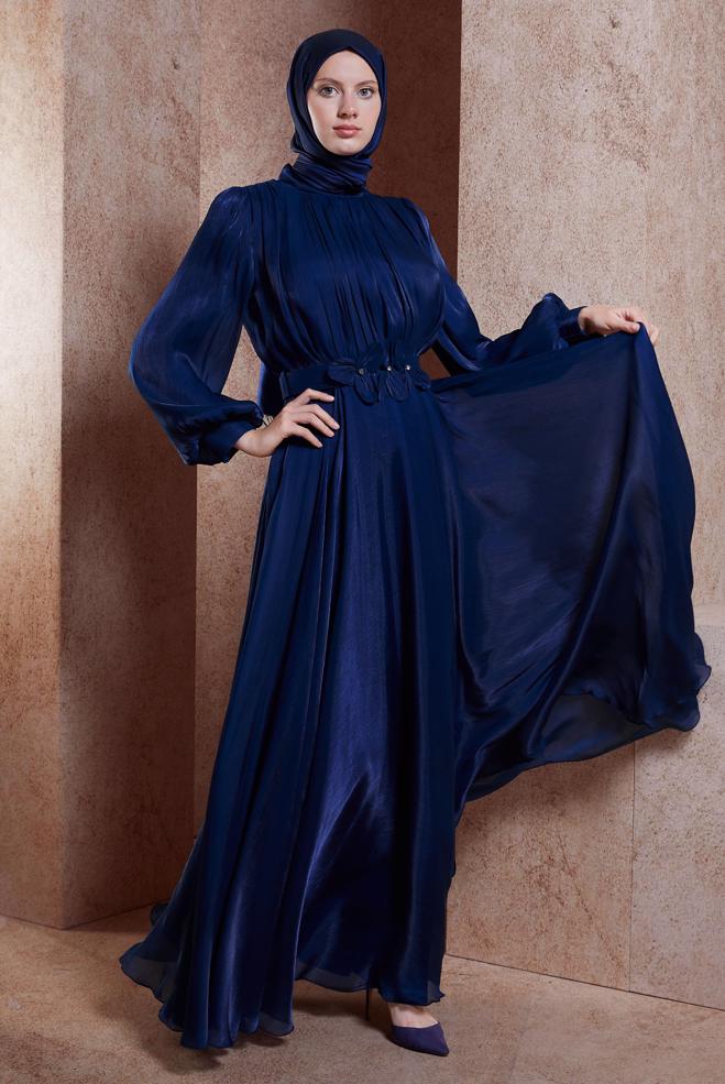 Tesettür giyim LACİVERT KEMERLİ TESETTÜR ABİYE ELBİSE 50423 - ALVİNA