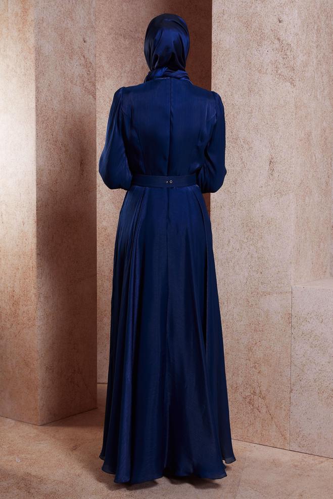 Tesettür giyim LACİVERT KEMERLİ TESETTÜR ABİYE ELBİSE 50423 - ALVİNA